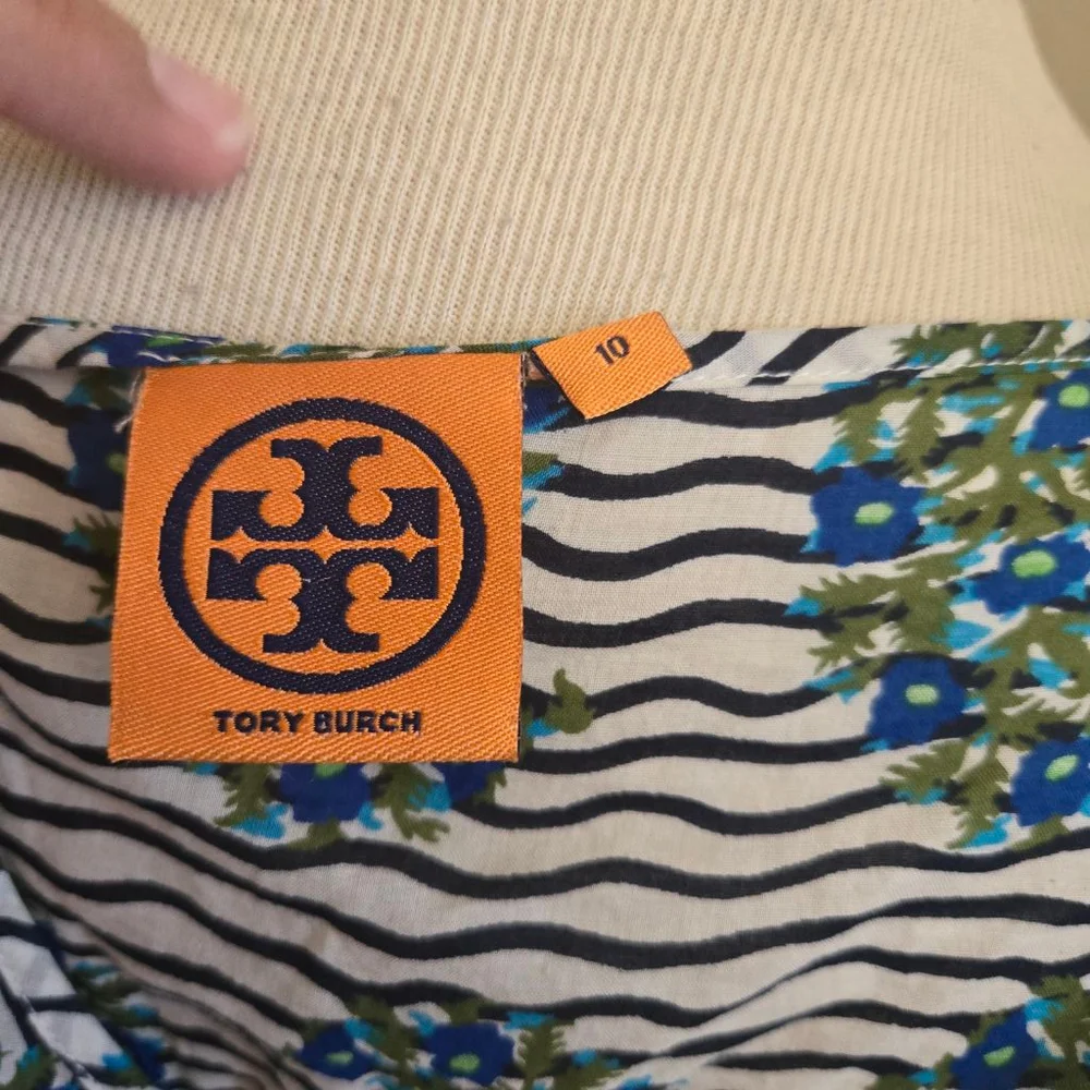 Tory Burch Evelina Floral Print Blouse Size 10 White Blue